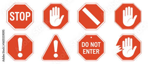 Collection of red octagonal and triangular warning and stop signs