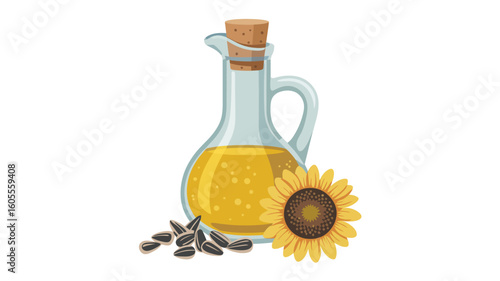 Glass bottle of golden sunflower oil with fresh sunflower and seeds