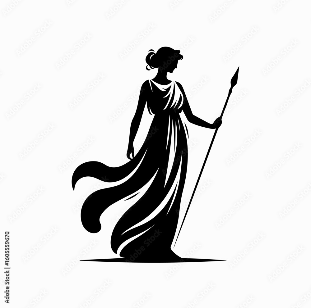 Fototapeta premium Greek Goddess Silhouette – Athena or Artemis with Weapon Vector Icon