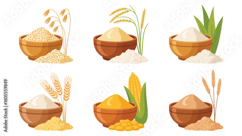 Collection of six different types of flour and grains in wooden bowls