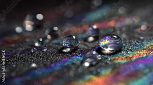 Water droplets maintaining spherical shape on vibrant waterproof fabric, revealing stunning hydrophobic properties through iridescent reflections and surface tension