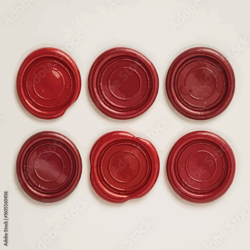 Six red wax seals arranged in two rows on a light background