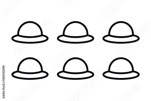 Six simple outline drawings of bowler hats arranged in two rows