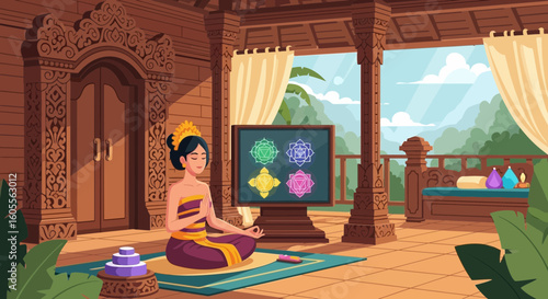 Woman Meditating With Chakra Symbols In a Traditional Balinese Setting