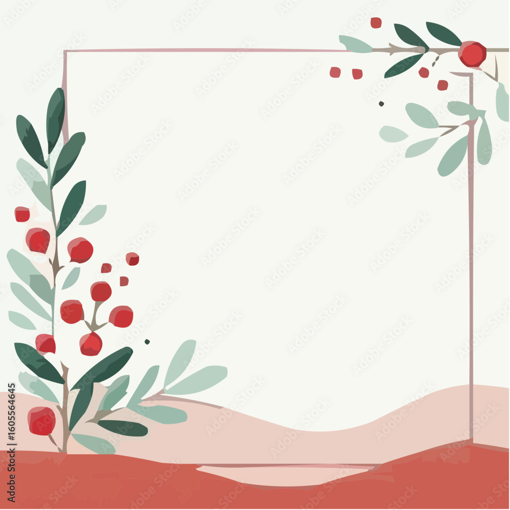 Fototapeta premium Red berries and green leaves in minimalist floral frame design 