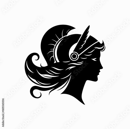 Close-Up Silhouette of Greek Goddess Athena or Artemis in Profile – Vector Illustration

