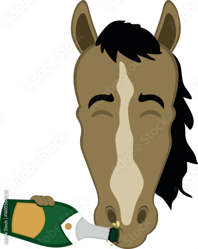 vector illustration character face horse cartoon, drinking champagne or cider from the bottle