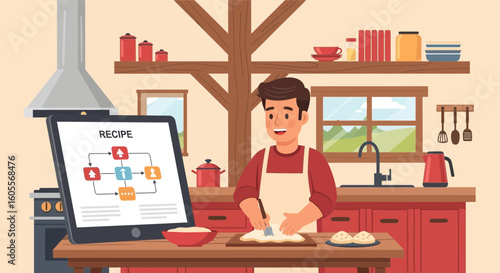 Man Following Online Recipe While Baking In Rustic Kitchen Setting