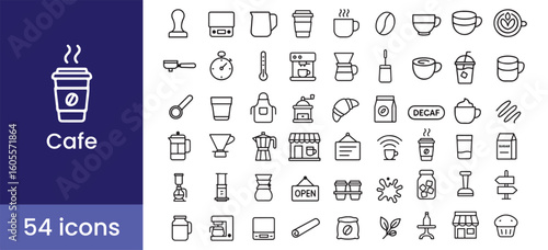 Cafe icon set with 54 line style illustrations including coffee, cup, mug, espresso, latte, tea, cafe, barista, croissant, and bakery symbols for menu, shop, and restaurant branding