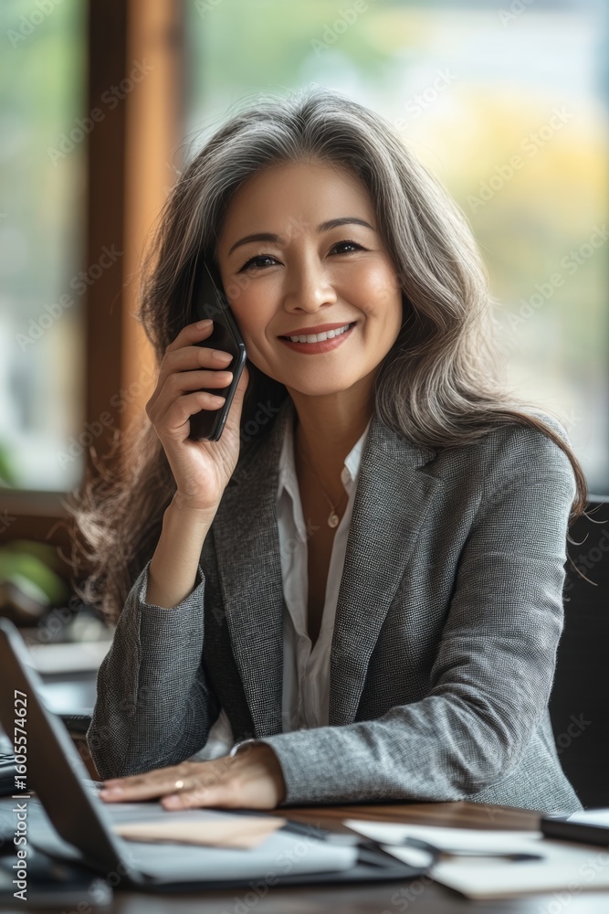 Joyful asian businesswoman engaged in work at office desk while holding cellphone and smiling Joyful asian businesswoman engaged in work at office desk while holding cellphone and smiling