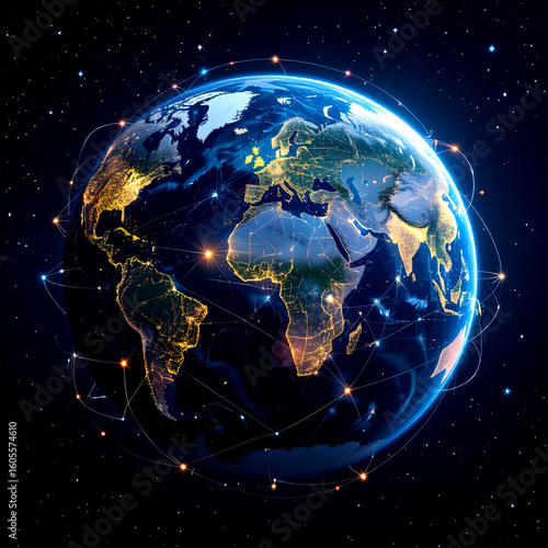Earth from space centered on Africa with Europe and South America visible, showing illuminated city lights, clouds, and ethereal glow against starry cosmic background.