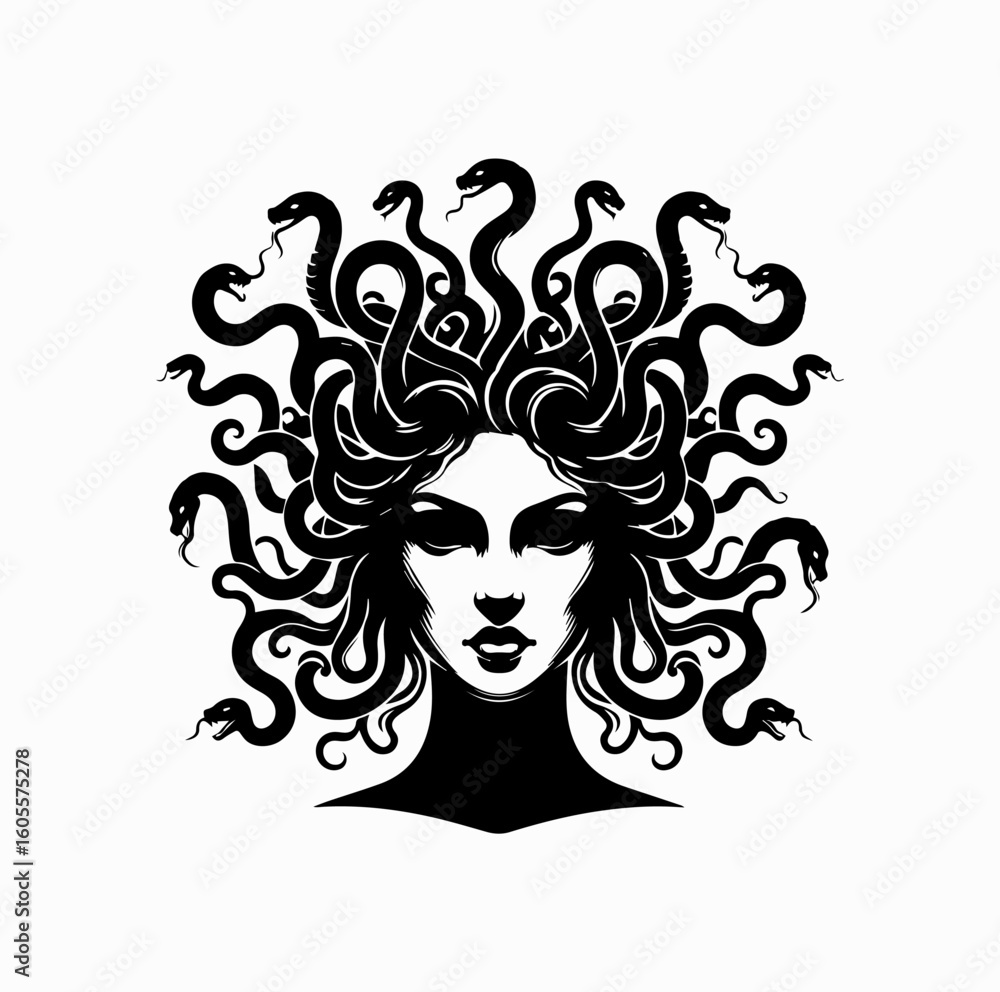 Silhouette of Medusa Gorgon with Snake Hair – Front View Vector Art Silhouette of Medusa Gorgon with Snake Hair – Front View Vector Art