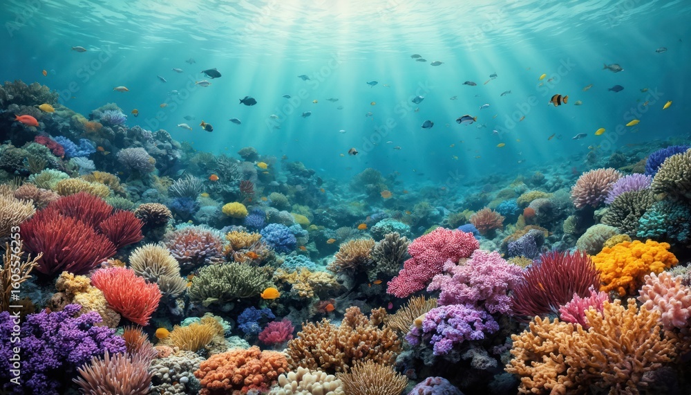 Fototapeta premium Vibrant underwater coral reef teeming with colorful fish swimming in clear blue ocean water. Sunbeams penetrate surface illuminating diverse coral formations, marine life. Ideal for travel, nature,