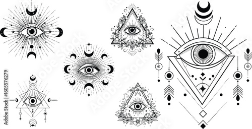 Set of Adobe IllusIntricate hand-drawn vector all-seeing eye symbols with celestial backgrounds, vintage sun rays, boho floral elements, zodiac mandalas, and geometric designs, 