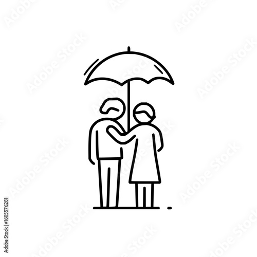 A couple under an umbrella with the man's arm around the woman in a minimalist line drawing style