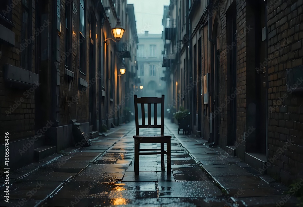 Fototapeta premium A solitary chair sits in a narrow city alleyway, the rain reflecting in the wet pavement and creating a moody, atmospheric scene. 