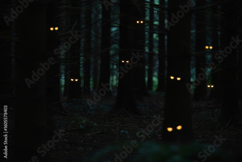 Mysterious glowing eyes in dark forest; eerie, suspenseful, Halloween stock photo.