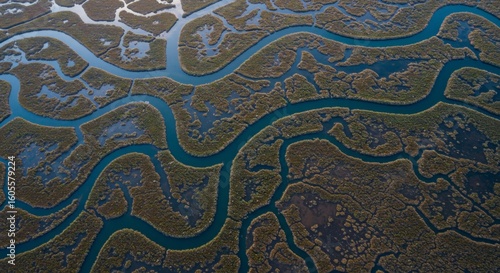 Aerial View of a Meandering River Through Wetlands