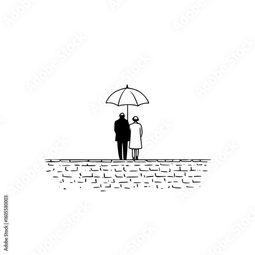 A couple standing under an umbrella on a brick surface looking out into the distance in black and white art