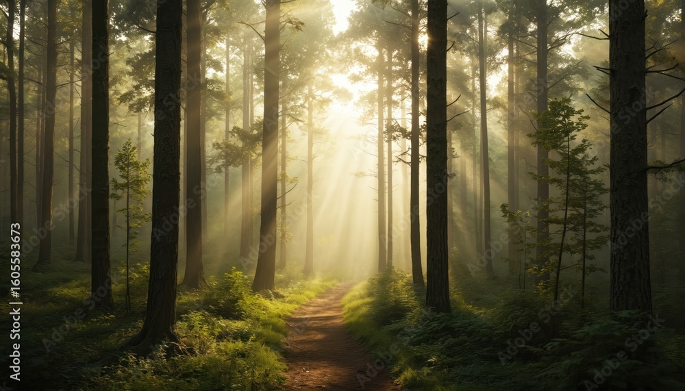 Naklejka premium Sunlight streams through dense green forest trees, illuminating dirt path. Tall trees, underbrush create serene, misty atmosphere. Bright rays pierce fog, peaceful, vibrant natural landscape.