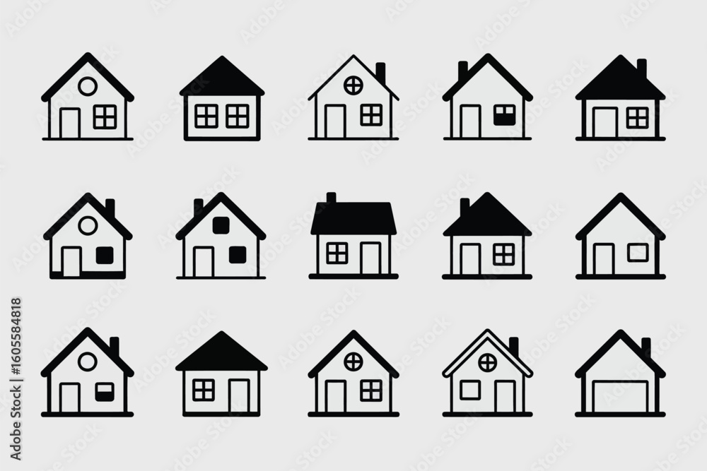 Collection of simple black and white house icons on a light gray background Collection of simple black and white house icons on a light gray background