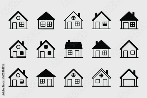 Collection of simple black and white house icons on a light gray background