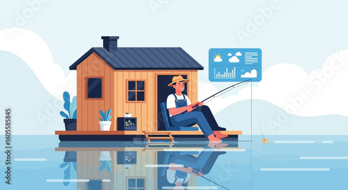 Peaceful Fishing At Floating House Under Favorable Weather Forecast