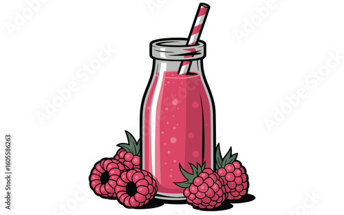 Refreshing raspberry smoothie in a glass bottle with fresh berries and a straw