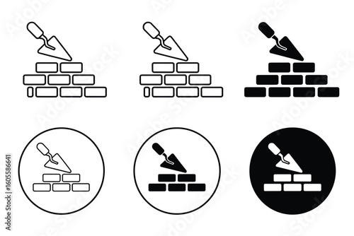 Set of bricklaying icons with trowel and brick wall construction