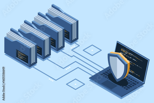 Isometric data protection with folder and laptop. Folder security. Safe documents and folder. Cybersecurity concept. Isometric technology