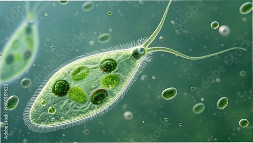 Microscopic top-down view of a single-celled Euglena swimming through a pond droplet, flagella movement visible, green chloroplasts inside
