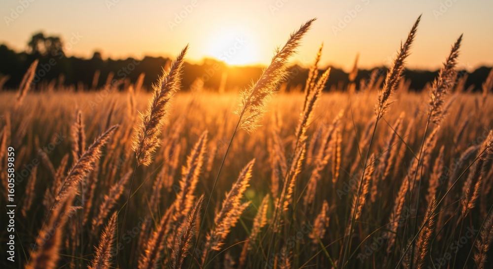 Obraz premium Golden Hour Sunset Over a Field of Tall Grass