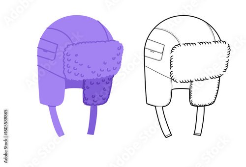 Trapper Hat with pocket. Winter Head Fashion accessory cap with fur clothing technical illustration. Vector headgear for Men, women, unisex style, flat template CAD mockup sketch outline isolated