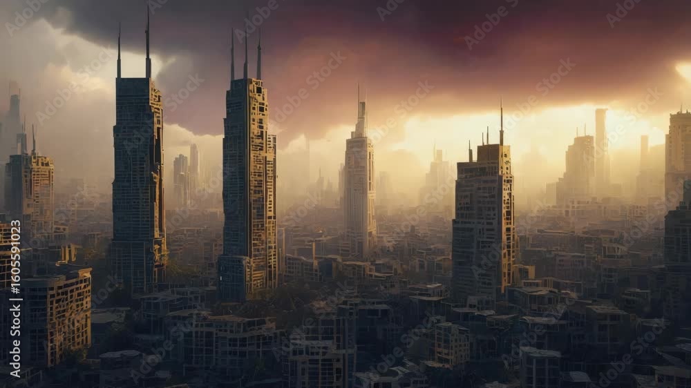 Abandoned futuristic city skyline with towering skyscrapers shrouded in ...