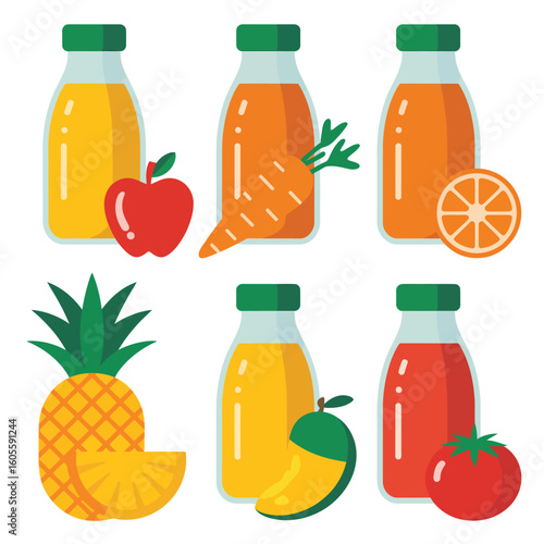 Collection of fresh fruit and vegetable juices in bottles