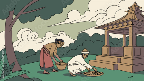 Cultural scene: Man and woman in traditional attire performing a ritual near a temple pavilion