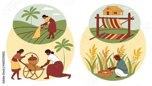 Traditional Rural Life: Farming, Weaving, and Daily Chores in Agricultural Settings
