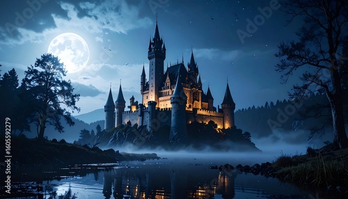 Wallpaper Mural A grand castle at night, bathed in moonlight Torontodigital.ca