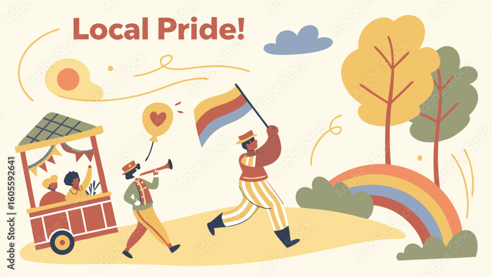 Fototapeta premium Joyful Local Community Parade Celebrating Pride with Colorful Flag and Music Illustration