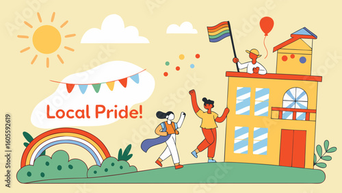 Local Pride Celebration with Diverse Community and Rainbow Flag