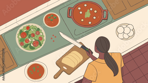 Overhead kitchen scene: Person preparing food on a cutting board with knife, surrounded by various cooked dishes and ingredients