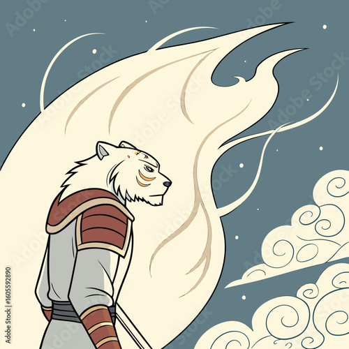 A roaring white tiger with black stripes and red flames, in bold tattoo style