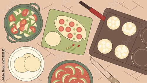Cooking Flat Lay Illustration: Preparing Meal with Ingredients, Dough, and Pan on Kitchen Counter