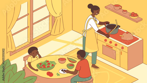 Family preparing and enjoying a healthy home-cooked meal in a cozy kitchen. Mother cooking, children at table.