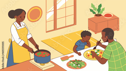 African American Family Cooking and Eating Dinner Together at Home. Cozy Mealtime Illustration.