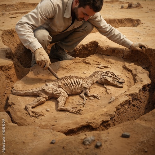 Paleontologist carefully excavates dinosaur fossil in desert. Man with gloves uses tool on ancient bones in sand. High contrast scene prehistoric discovery, earth science, paleontology, fossilization
