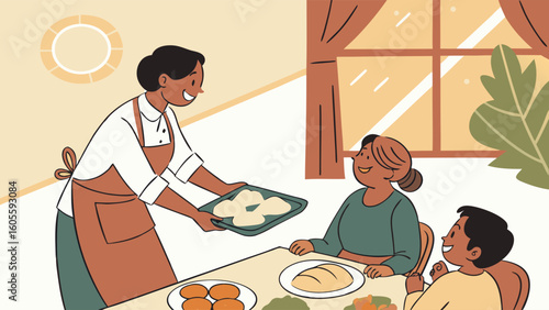 Warm family mealtime illustration with a woman serving food to her loved ones at home