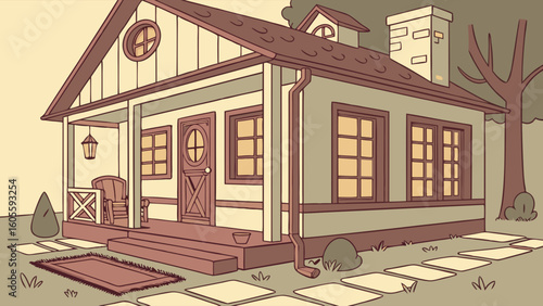Charming suburban house illustration with porch, garden path, and warm vintage aesthetic