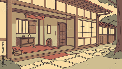 Traditional Japanese House Illustration with Tatami Room and Garden Path