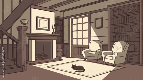 Warm Sepia Living Room with Fireplace, Bookshelf, Armchairs & Cat in Sunlight – Classic Home Interior Illustration